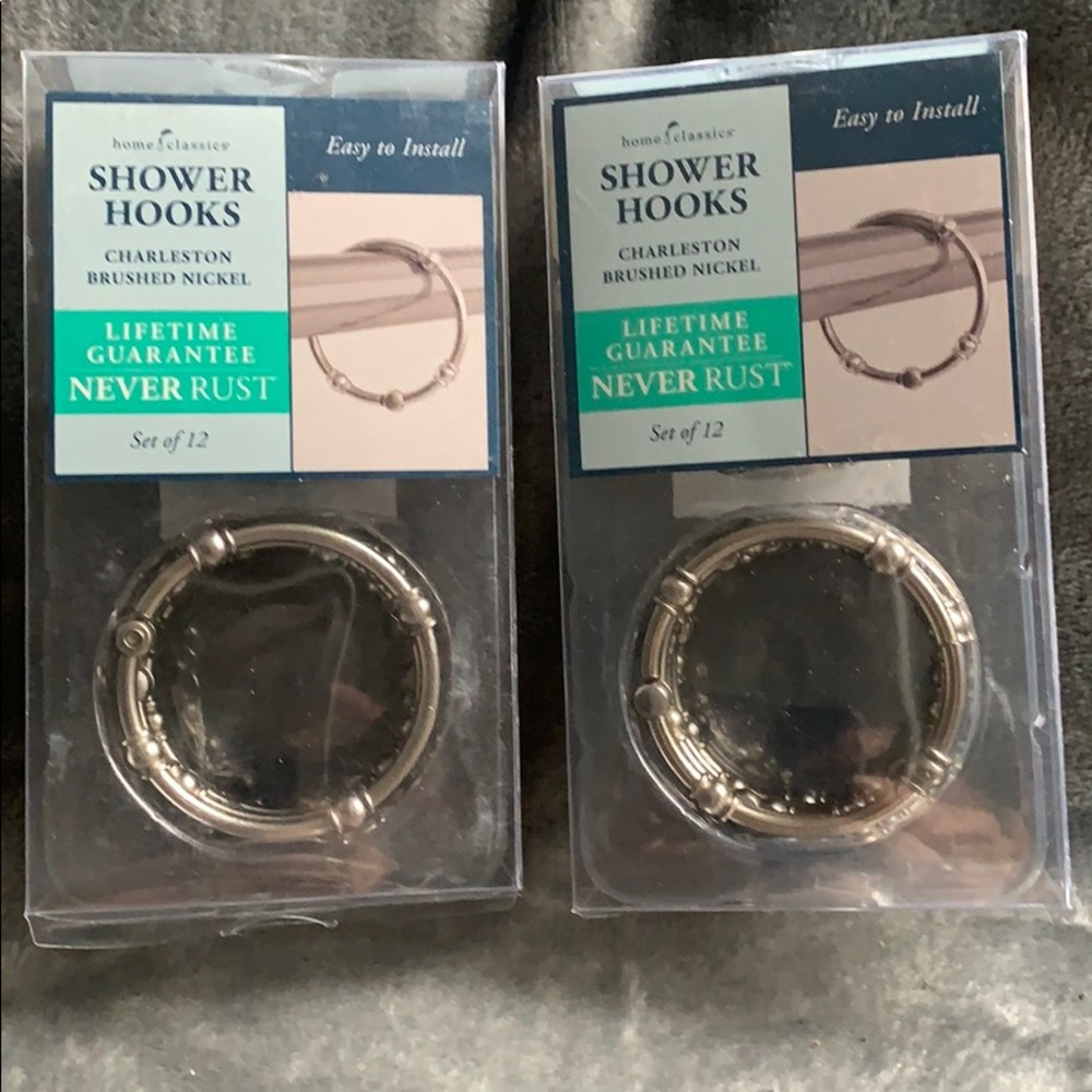 Two boxes (12 each)of brushed nickel shower hooks